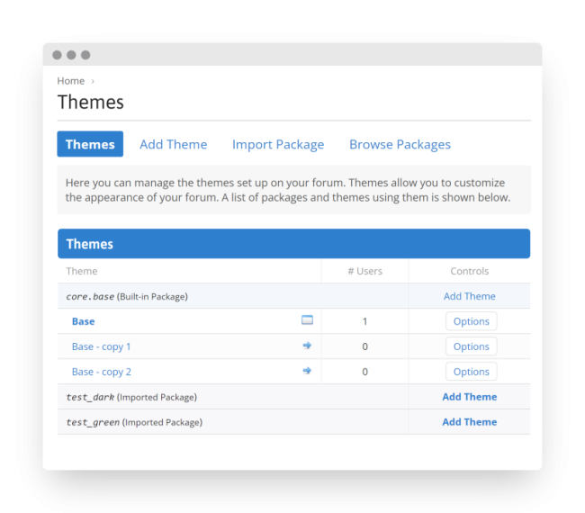 Screenshot der Themes-Seite, auf der ein integriertes Paket mit 3 Themes und importierte Pakete aufgelistet sind