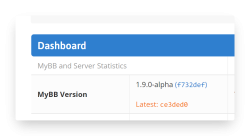 Ausschnitt des Admin-CP-Dashboards mit der MyBB-Version 1.9.0-alpha, dem Commit-Hash und dem neuesten Commit-Hash darunter