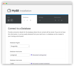 Ein Screenshot der Datenbankseite, die während der Installation von MyBB mit dem neuen System angezeigt wird, mit einigen ausgefüllten Feldern, die mit den Bezeichnungen 