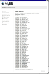 Ein Screenshot der Seite zur Tabellenerstellung, die während der Installation von MyBB 1.8 angezeigt wird, mit einer unnötig langen Liste von Namen der erstellten Tabellen.
